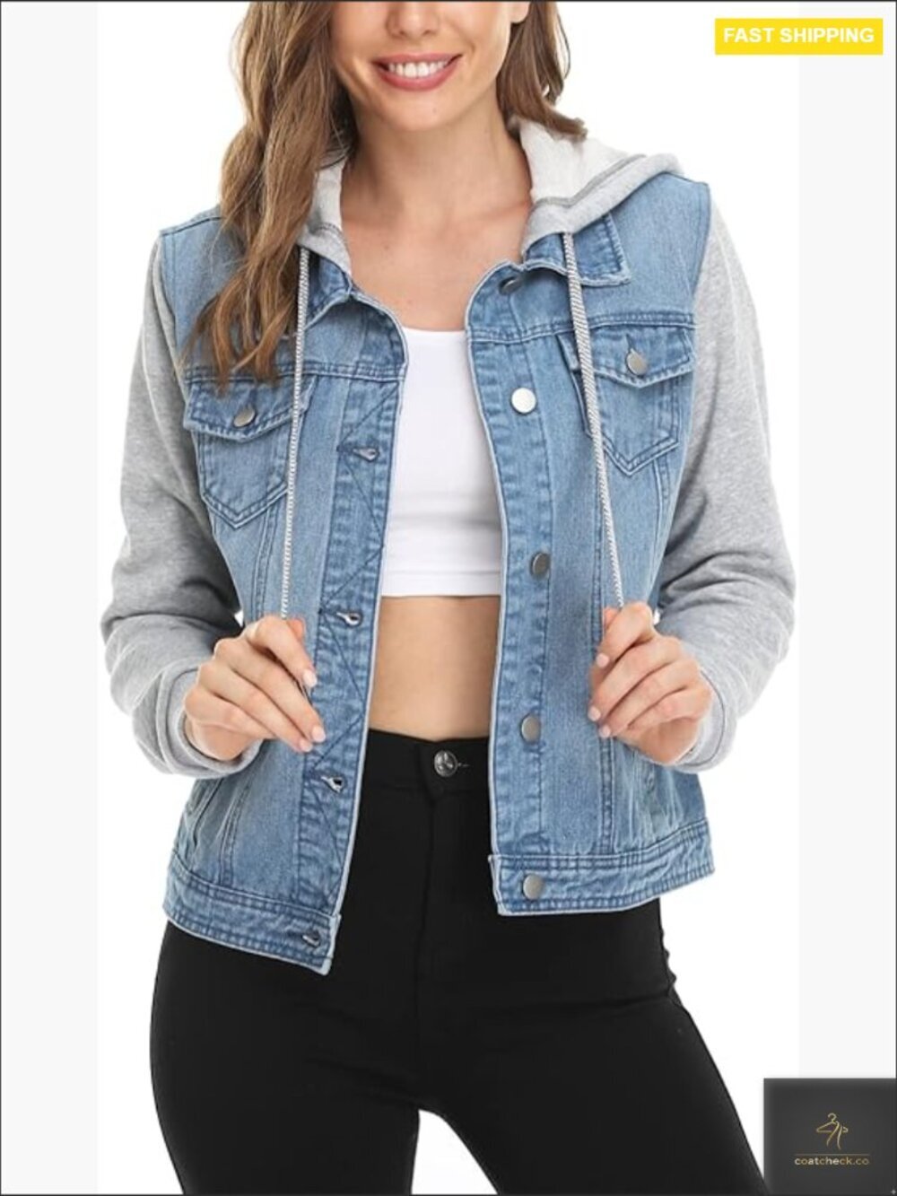 Retro Denim Jacket with Layered Hood Drawstring Casual Oversized Y2K Chic